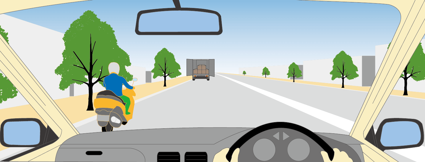 対向車はいないようなので 加速して原付と駐車車両を一気に追い越す Eシガク 対向車はいないようなので 加速して原付と駐車車両を一気に追い越す Eシガク